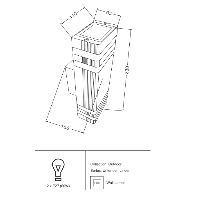 Светильник под LED лампу 2*E27 100х110хh330mm AC220-240V IP54 двусторонний настенный черный