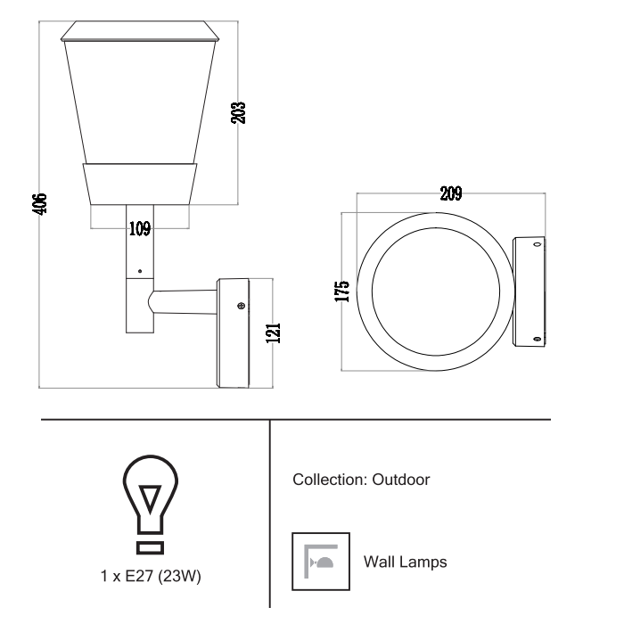 Светильник под LED лампу E27 175х209хh406mm AC220-240V IP54 настенный черный