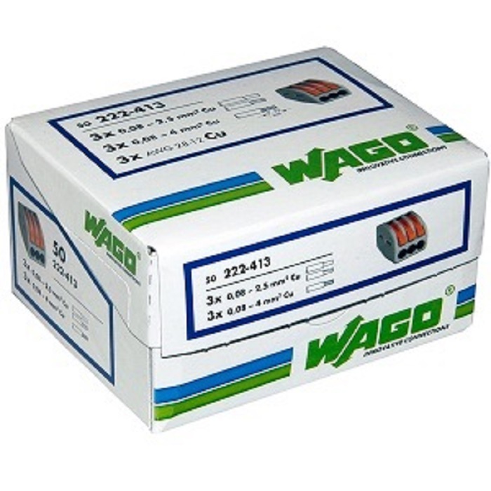 Клемма 3х(0,08-2.5) кв.мм для мед. многожил.провода WAGO 222-413 (упак. 50шт.) многоразовая