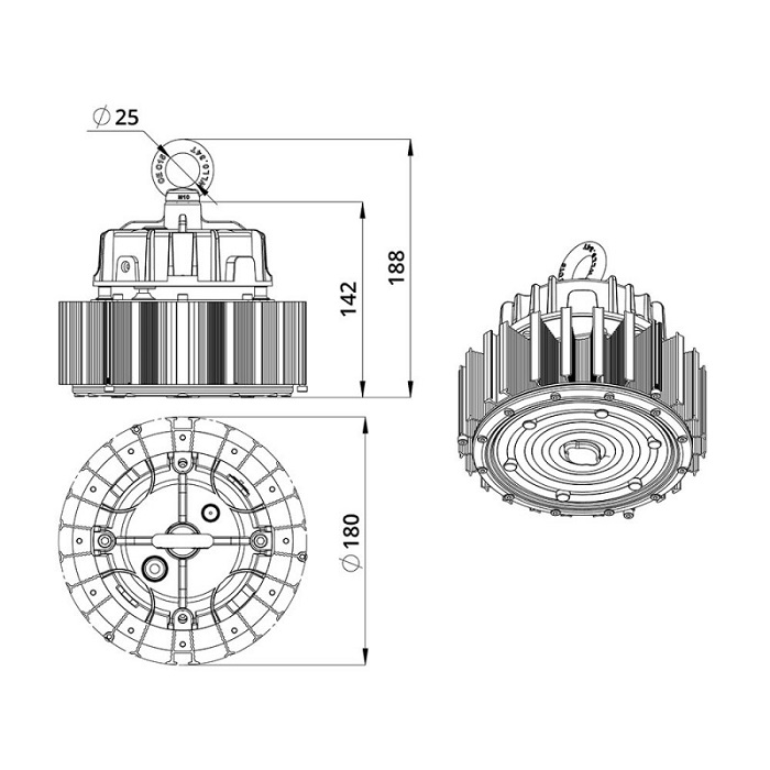 Светильник LED 90° D180xh188mm 11300Lm 60W 4000K AC90-305V IP65 подвесной 