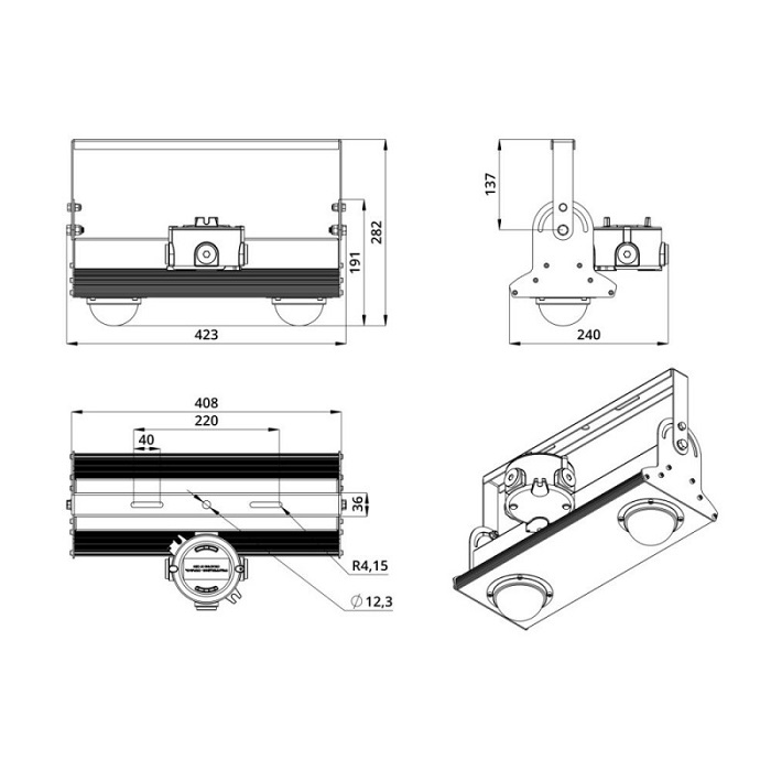 Светильник LED БОРОСИЛИКАТНОЕ СТЕКЛО 423x282xh240mm 13000Lm 100W 4500K AC176-264V IP66 1Ex db mb IIC