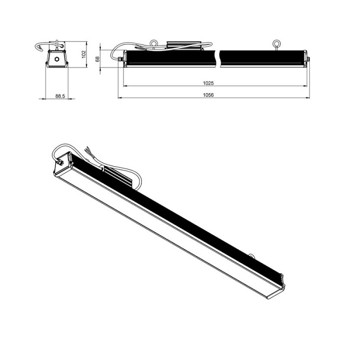 Светильник LED 10°х70° 1035x108xh89mm 8000Lm 60W 4000K AC176-264V IP67 линейный 