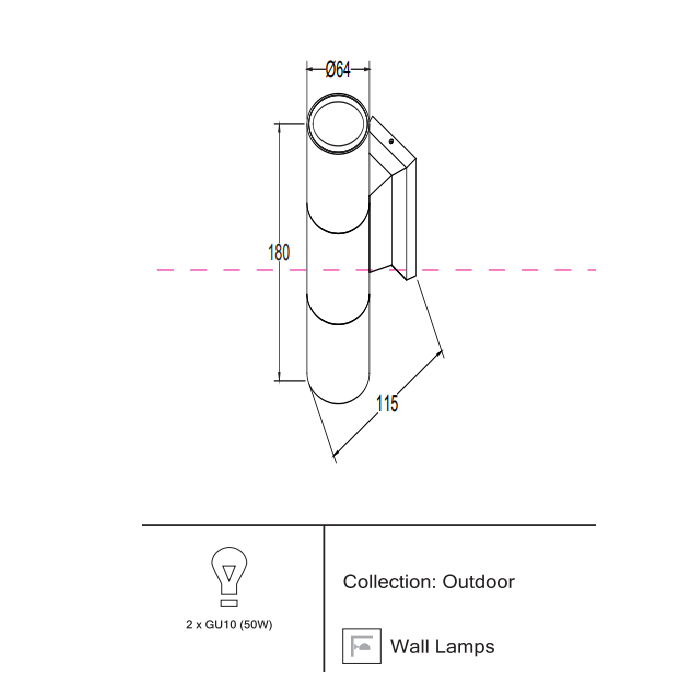 Светильник под LED лампу 2*GU10 D64х115хh180mm AC220-240V IP54 двусторонний настенный черный