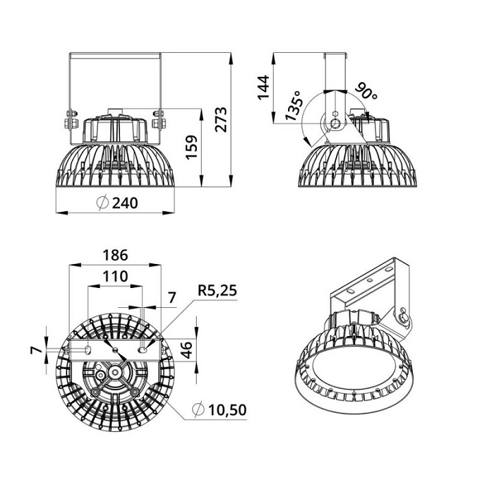 Светильник LED 60° D240хh273mm 9550Lm 50W 4000K AC90-305V IP67 поворотный кронштейн черный 