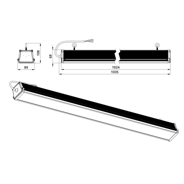 Светильник LED 50° 1035x108xh89mm 8000Lm 60W 4000K AC176-264V IP67 линейный 