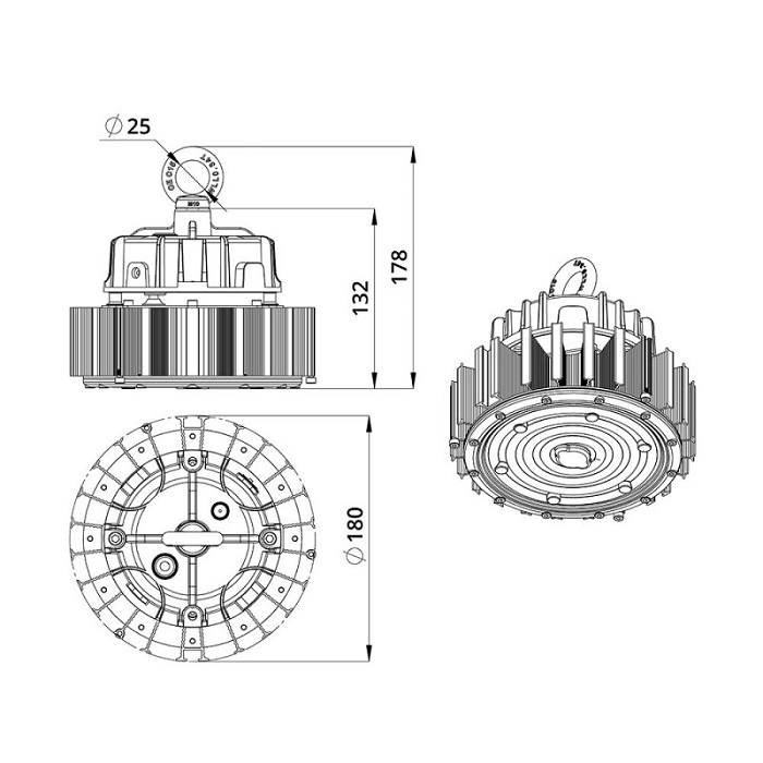 Светильник LED 60° D180хh178mm 9500Lm 50W 4000K AC90-305V IP65 подвесной 