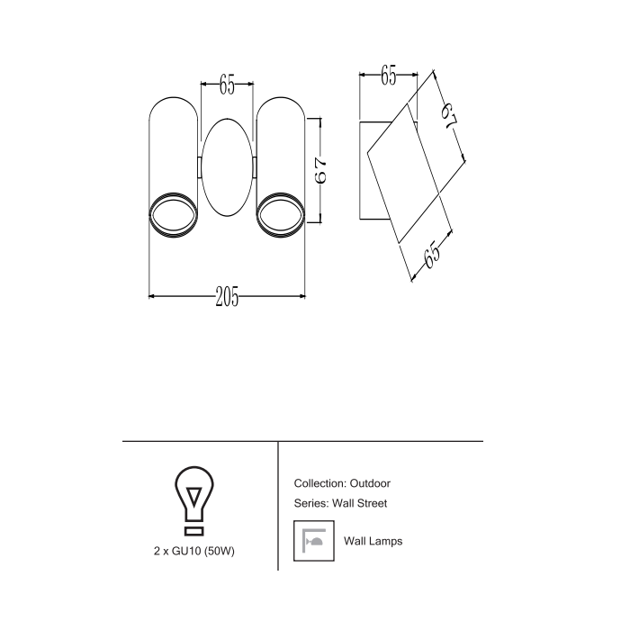 Светильник под LED лампу 2*GU10 D65х205xh67mm AC100-240V IP54 настенный черный