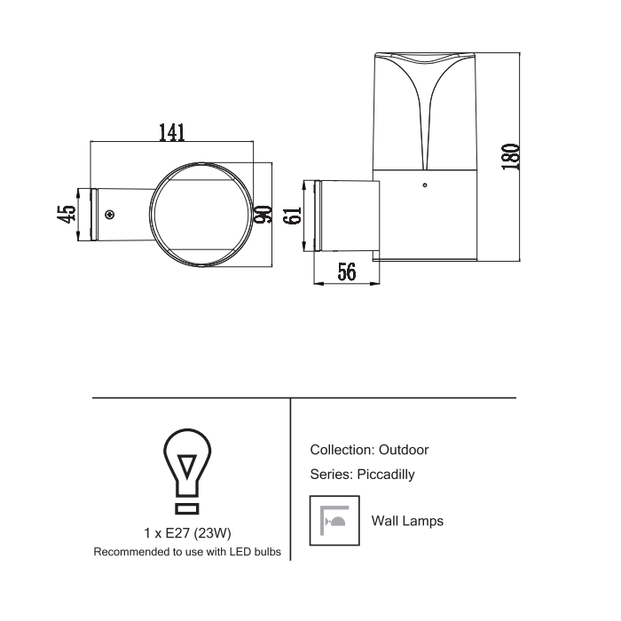 Светильник под LED лампу E27 D90х141хh180mm AC100-240V IP44 настенный черный