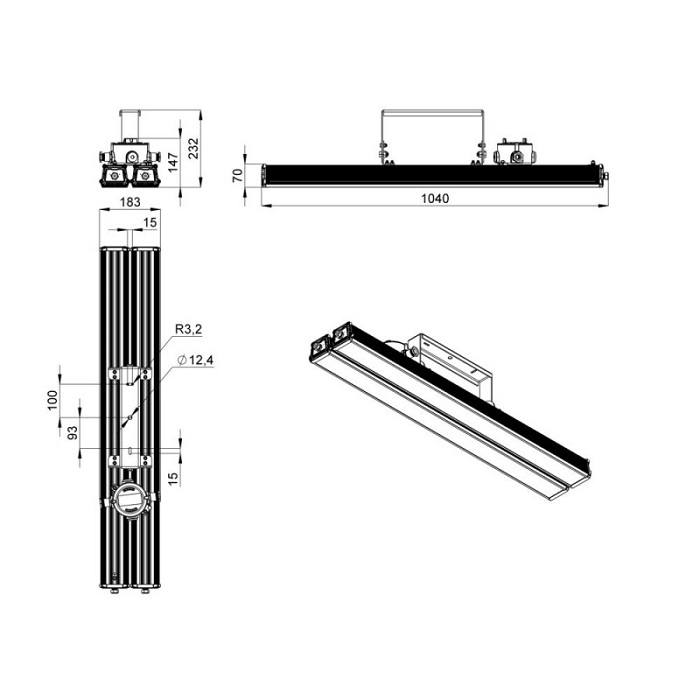 Светильник LED ЗАКАЛЁННОЕ СТЕКЛО 100° 1040x232xh183mm 21400Lm 160W 4000K AC176-264V IP66 2Ex nR IIC 